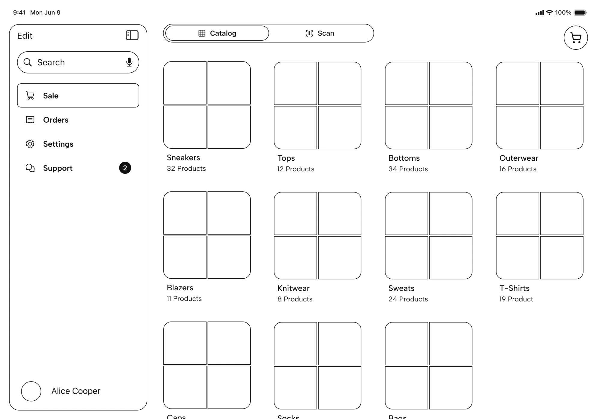 iPad catalogue, wireframe