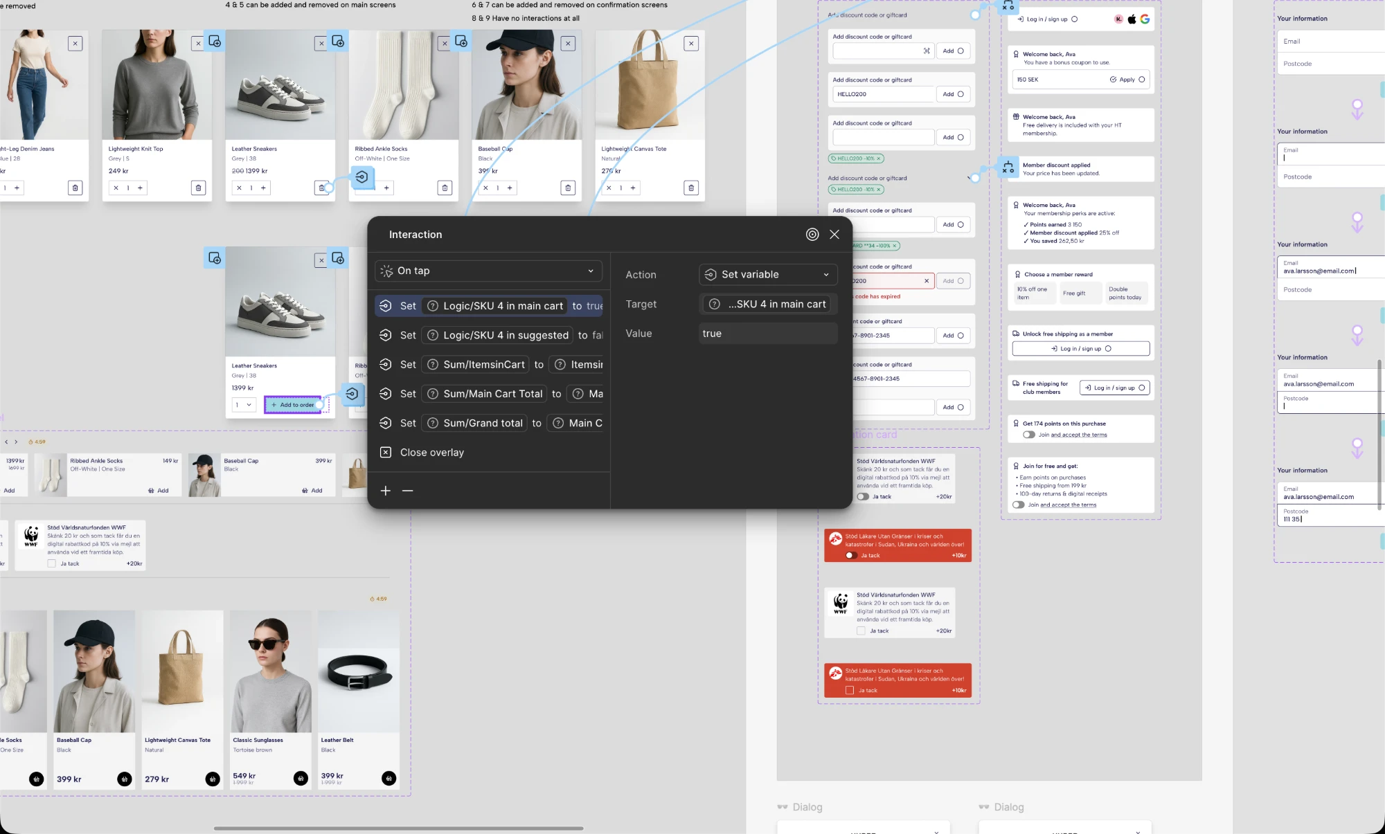 The Figma prototype: one tap on Add to order sets five variables